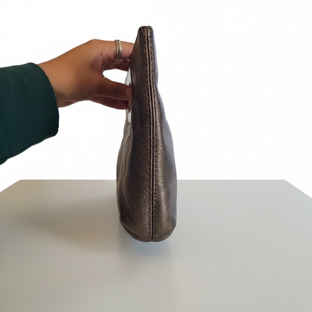 Michael Kors Pewter Metallic Leather Evening Clutch Silver Hardware Handle Bag - Picture 6 of 7